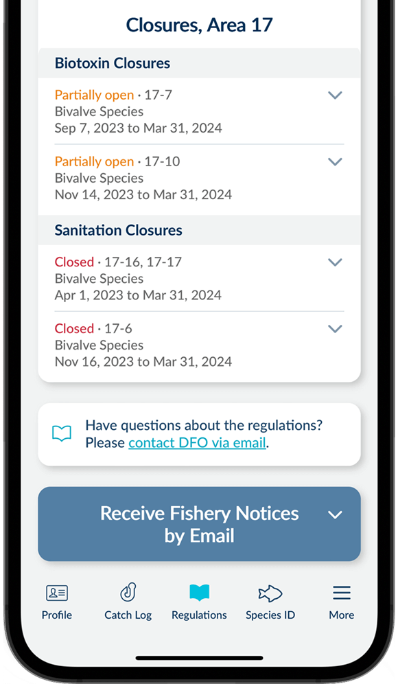 Screenshot of the FishingBC App showing species regulations screen
