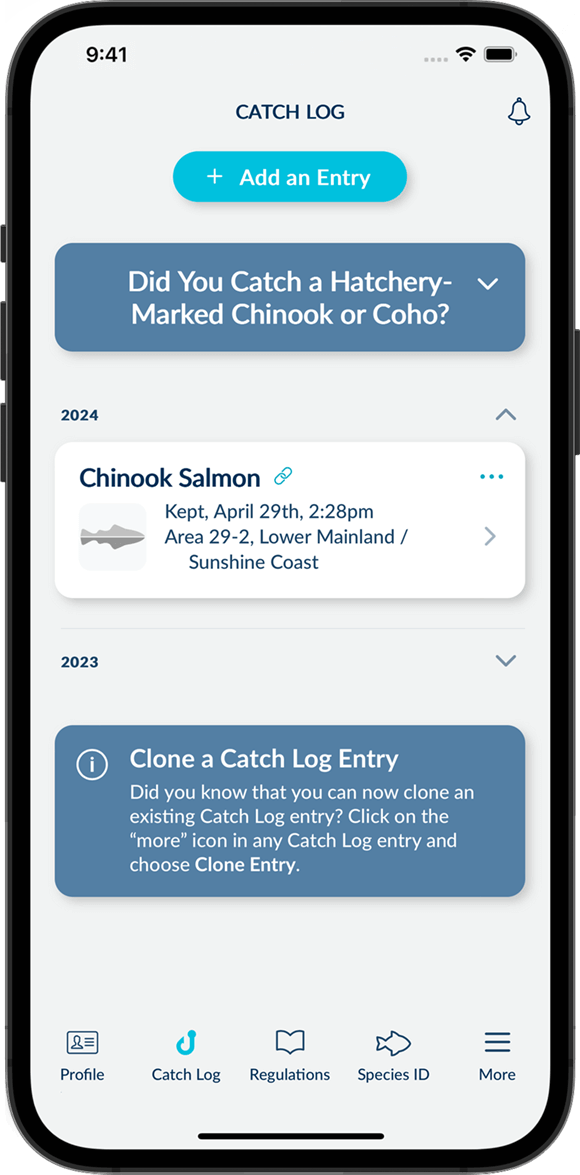 Screenshot of the FishingBC App showing the Catch Log