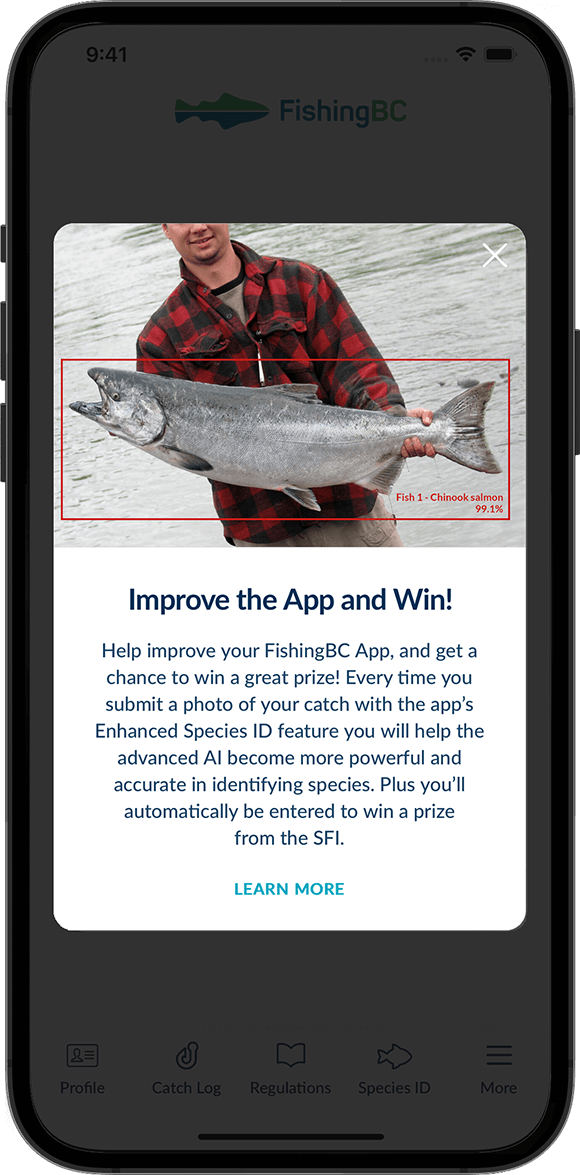 Screenshot of the FishingBC App showing the Species Identification feature