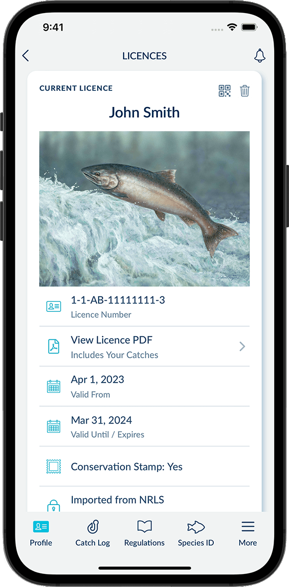 Screenshot of the FishingBC App showing a BC Tidal Waters Sport Fishing Licence