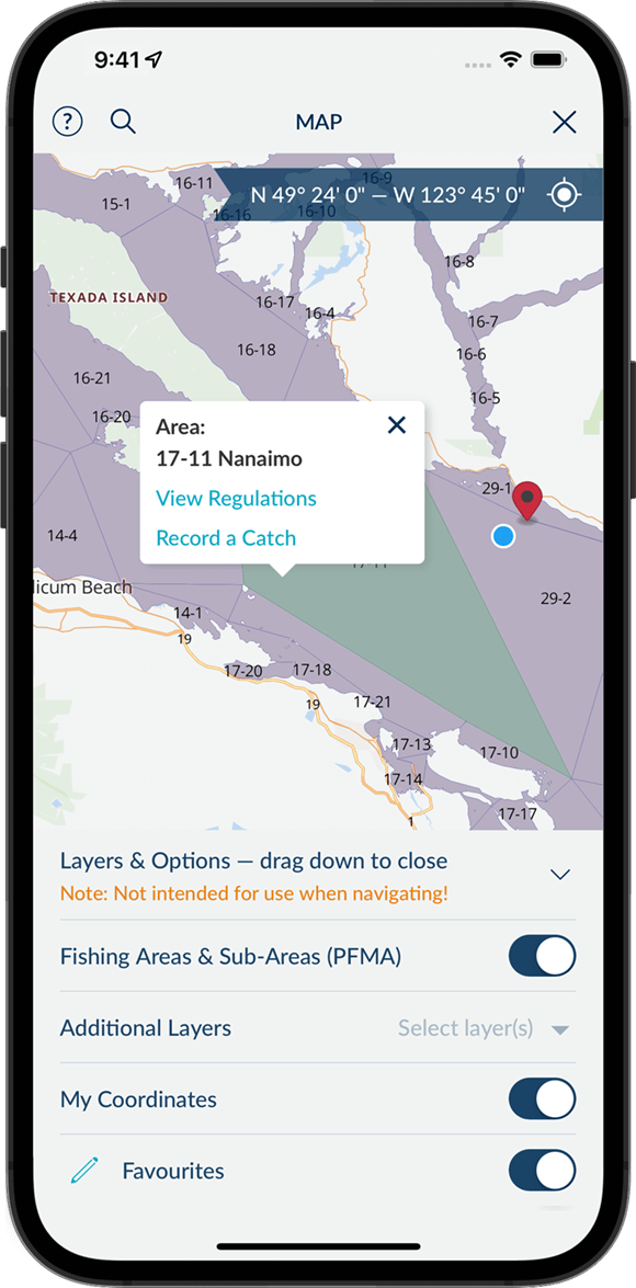 Screenshot of the FishingBC App showing the interactive map and its features