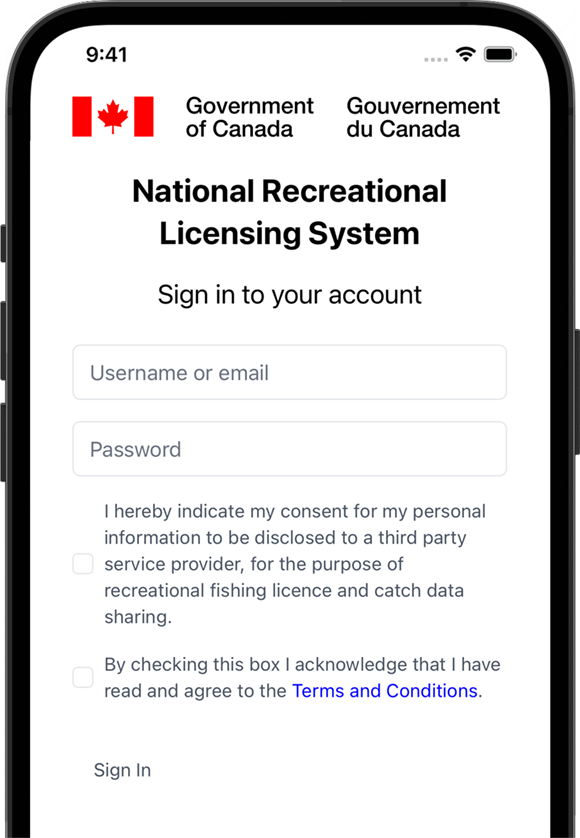 Screenshot of the FishingBC App showing part of the NRLS account linking process