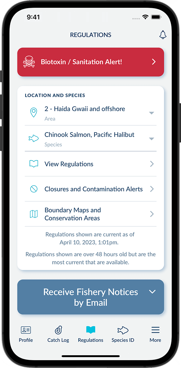 Screenshot of the FishingBC App showing the main Regulations screen