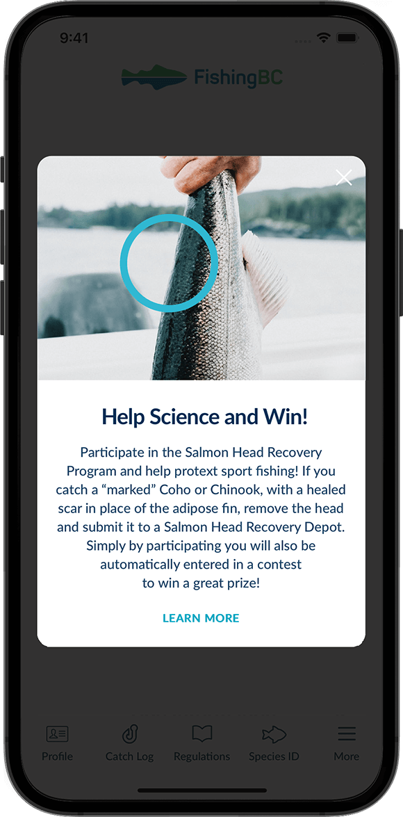 Screenshot of the FishingBC App showing the 'Help Science and Win' promotion